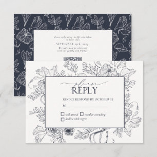 Cartons Réponse Elégant Marine Blue Floral Line Mariage d'art