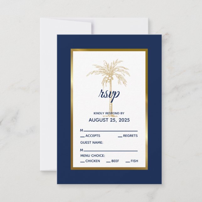 Cartons Réponse Elégant Marine Blue Gold Palm Tree Beach Mariage (Devant)