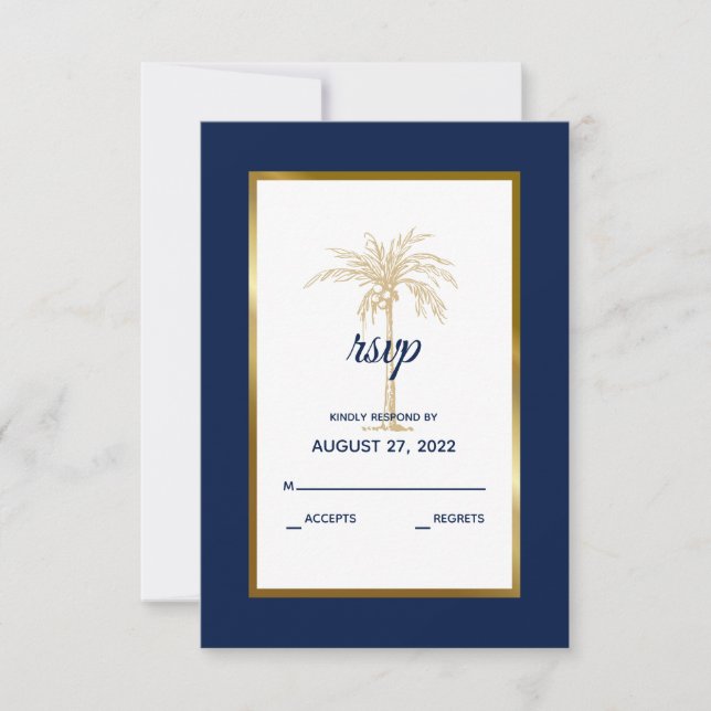 Cartons Réponse Elégant Marine Blue Gold Palm Tree Mariage moderne (Devant)