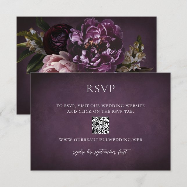 Cartons Réponse Elegant Maximalist Purple Floral QR Code Wedding (Devant / Derrière)
