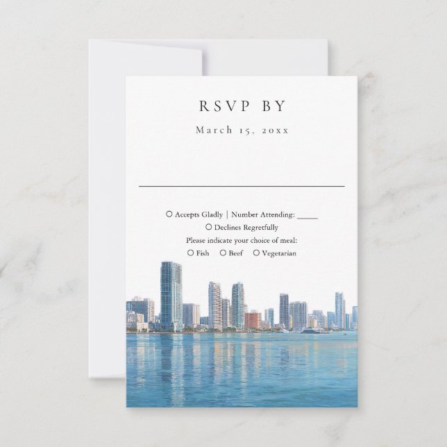Cartons Réponse Elegant Miami Skyline Watercolor Wedding (Devant)