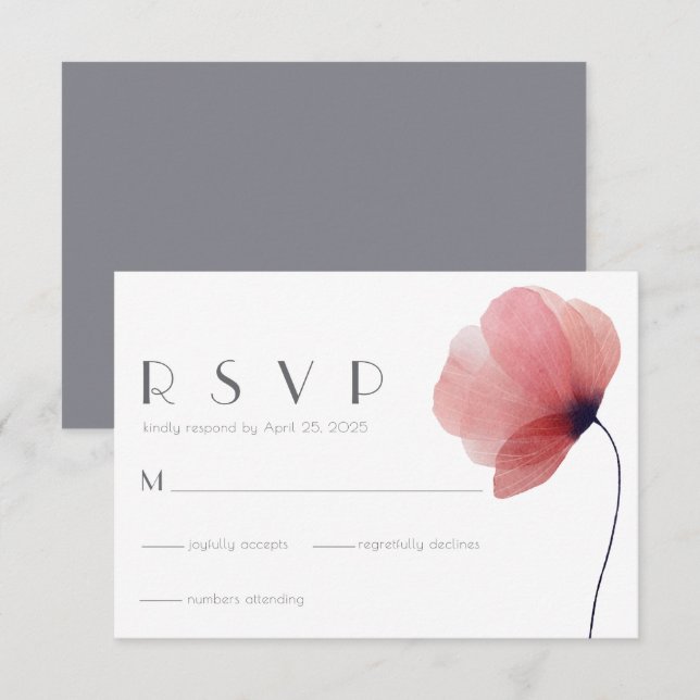 Cartons Réponse Élégant Minimaliste Aquarelle Poppy Mariage Gris (Devant / Derrière)