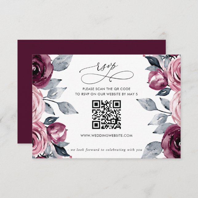 Cartons Réponse Elegant Modern Burgundy Floral QR CODE (Devant / Derrière)