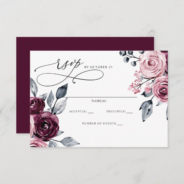 Cartons Réponse Elegant Modern Burgundy Floral Wedding (Devant / Derrière)