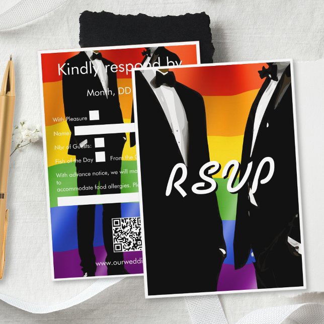 Cartons Réponse Elegant Modern Gay Men Wedding Rainbow QR Code (Créateur téléchargé)