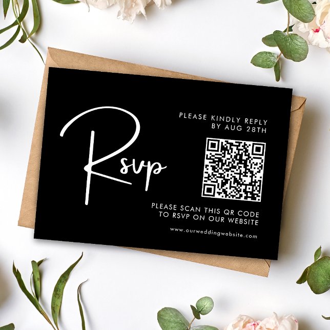 Cartons Réponse Élégant & Moderne Code QR Mariage Noir et Blanc (Elegant modern black and white QR code RSVP card makes responses quick and seamless)