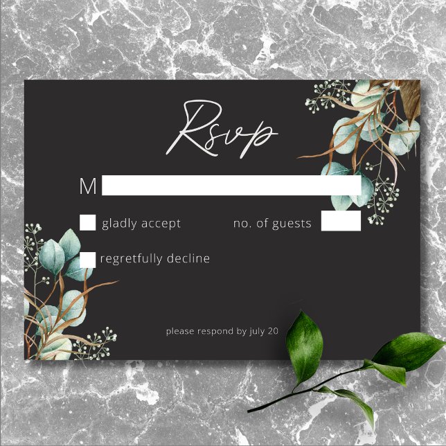 Cartons Réponse Élégant moderne Peonies blanches Mariage noir (Modern Elegant White Peonies Black Wedding RSVP Card)