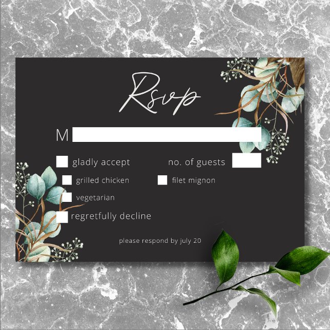 Cartons Réponse Elégant moderne Peonies blanches Noir Dîner Mariag (Modern Elegant White Peonies Black Wedding Dinner RSVP Card)