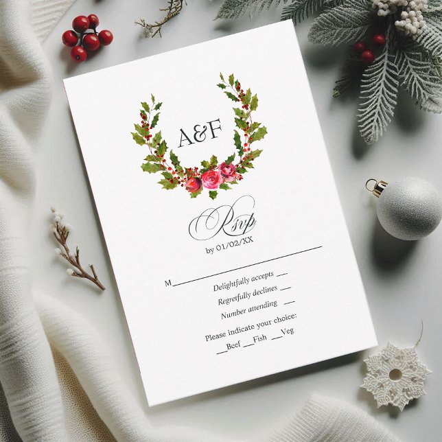 Cartons Réponse Élégant Monogram Holly et Ivy Mariage de Noël (Elegant Monogram Holly and Ivy Christmas Wedding RSVP Card)