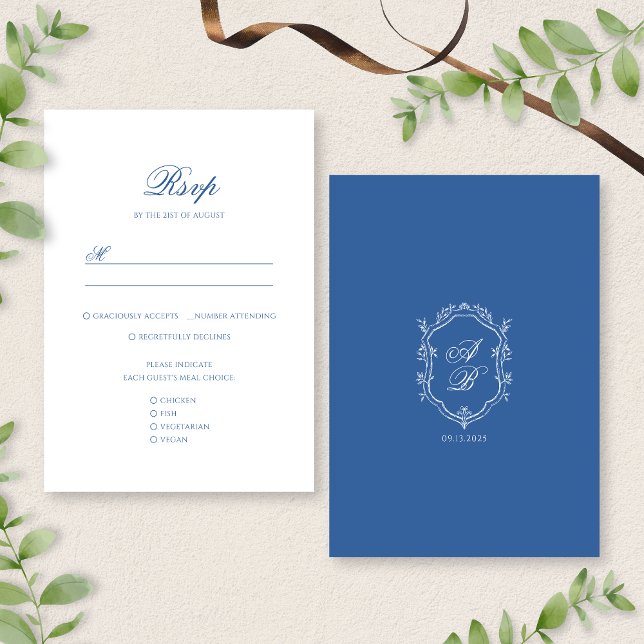 Cartons Réponse Élégant Monogramme bleu Crest Mariage de script of (Créateur téléchargé)