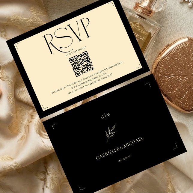 Cartons Réponse Élégant Monogramme Crème et Noir Mariage  (Créateur téléchargé)