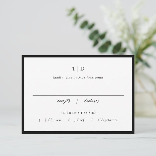 Cartons Réponse Élégant Monogramme noir et blanc Mariage moderne (Debout devant)