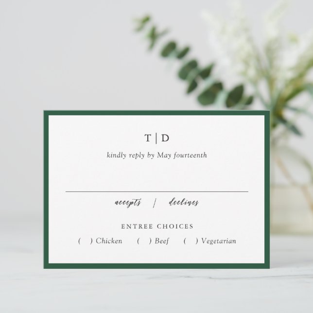 Cartons Réponse Élégant Monogramme Vert Émeraude Mariage Moderne (Debout devant)