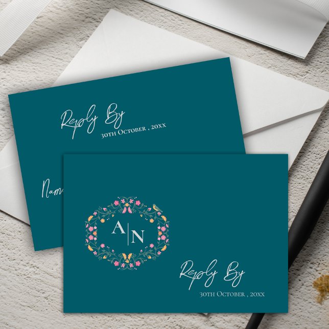 Cartons Réponse Élégant Monogramme vert Mariage floral complexe (Elegant Monogram Green Intricate Floral Wedding RSVP Card)