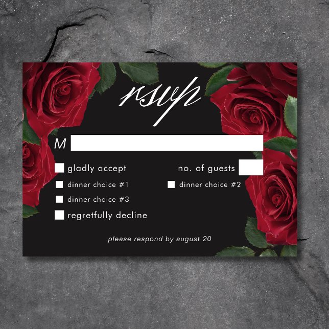 Cartons Réponse Élégant Moody Blood Red Roses Floral Dîner (Elegant Moody Blood Red Roses Floral Dinner RSVP Card)