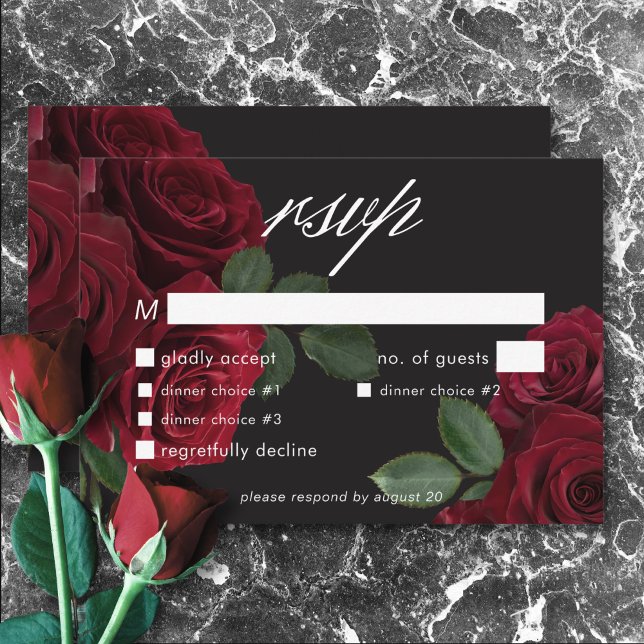 Cartons Réponse Élégant Moody Blood Red Roses Floral Dîner (Elegant Moody Blood Red Roses Floral Dinner RSVP Card)