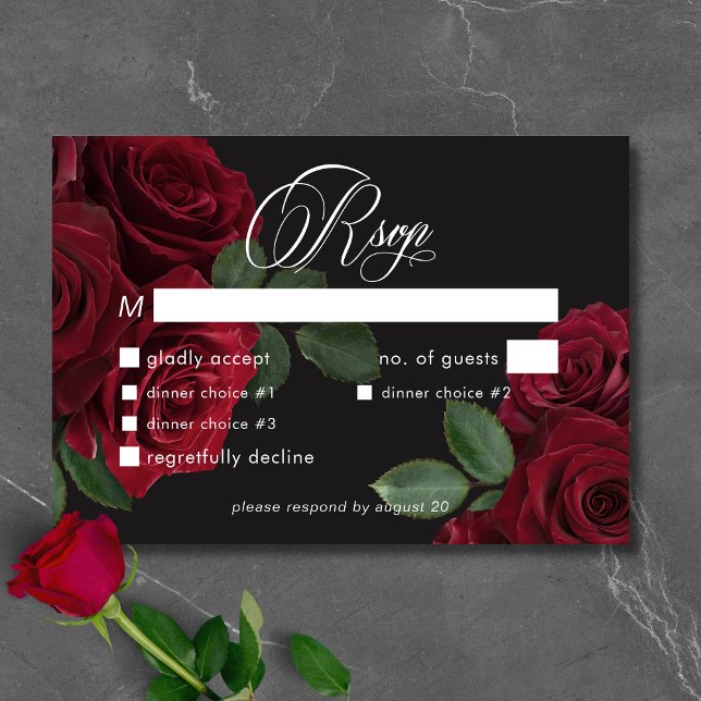 Cartons Réponse Élégant Moody Blood Red Roses Floral Dîner (Elegant Moody Blood Red Roses Floral Dinner RSVP Card)