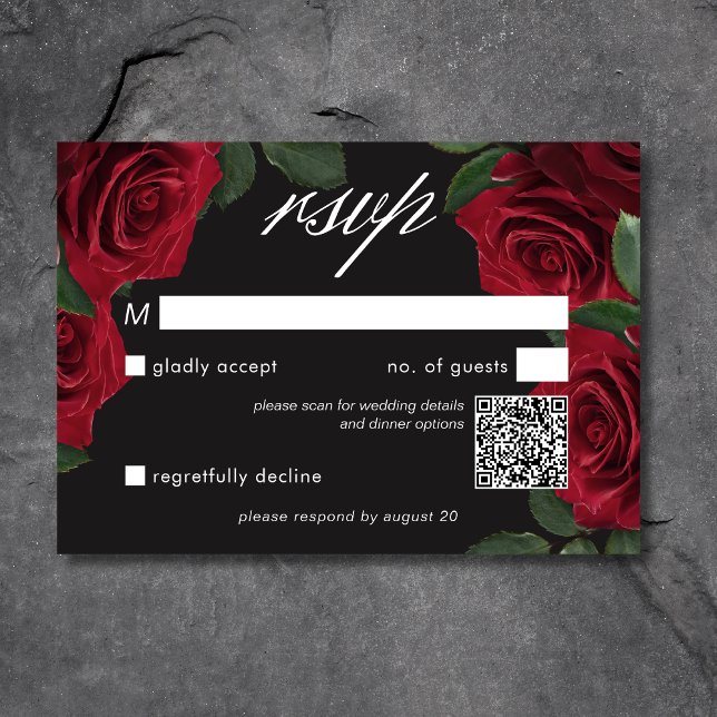 Cartons Réponse Élégant Moody Blood Red Roses Floral QR Code (Elegant Moody Blood Red Roses Floral QR Code RSVP Card)