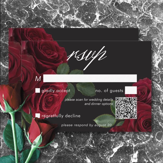 Cartons Réponse Élégant Moody Blood Red Roses Floral QR Code (Elegant Moody Blood Red Roses Floral QR Code RSVP Card)
