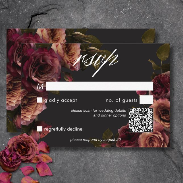 Cartons Réponse Elégant Moody Muted Rust & Burgundy Floral QR Code (Elegant Moody Muted Rust & Burgundy Floral QR Code RSVP Card)