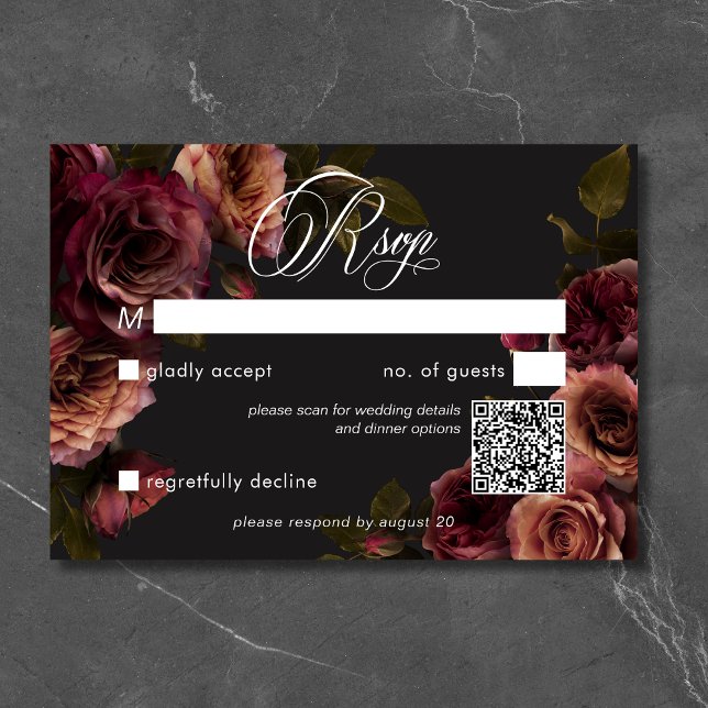 Cartons Réponse Elégant Moody Muted Rust & Burgundy Floral QR Code (Elegant Moody Muted Rust & Burgundy Floral QR Code RSVP Card)