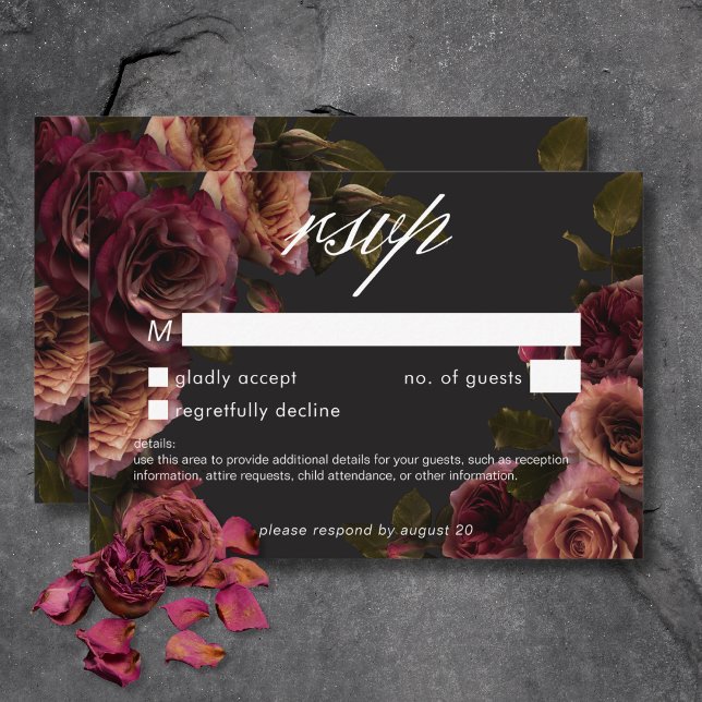 Cartons Réponse Elégant Moody rouille bouillie Bourgogne Floral Pa (Elegant Moody Muted Rust Burgundy Floral No Dinner RSVP Card)