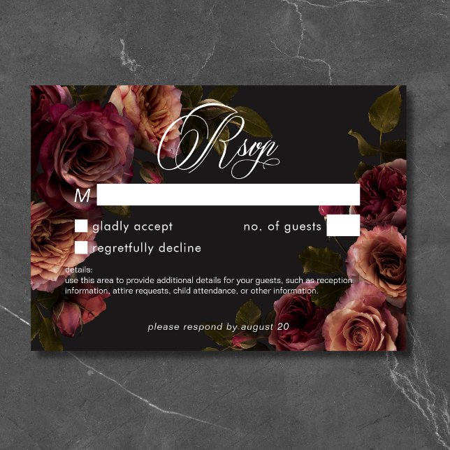Cartons Réponse Elégant Moody rouille bouillie Bourgogne Floral Pa (Elegant Moody Muted Rust Burgundy Floral No Dinner RSVP Card)