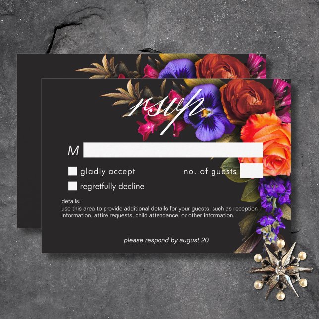 Cartons Réponse Élégant Moody Vibrant coucher de soleil Floral Pas (Elegant Moody Vibrant Sunset Floral No Dinner RSVP Card)