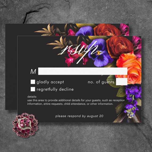Cartons Réponse Élégant Moody Vibrant coucher de soleil Floral Pas (Elegant Moody Vibrant Sunset Floral No Dinner RSVP Card)