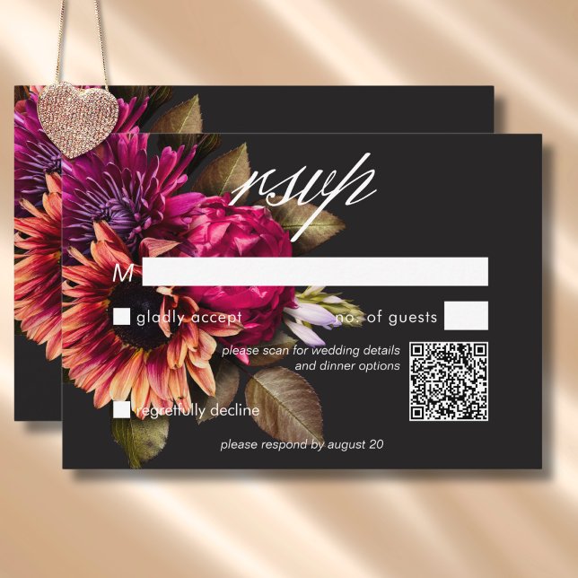 Cartons Réponse Élégant Moody Vibrant Sunset Floral QR Code (Elegant Moody Vibrant Sunset Floral QR Code RSVP Card)