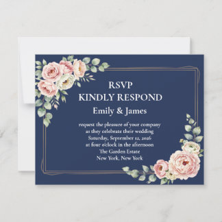 Cartons Réponse Elegant Navy Blue Watercolor Floral Wedding