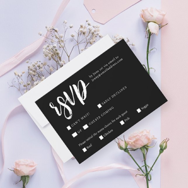 Cartons Réponse Élégant noir blanc noir moderne Mariage QR (Créateur téléchargé)