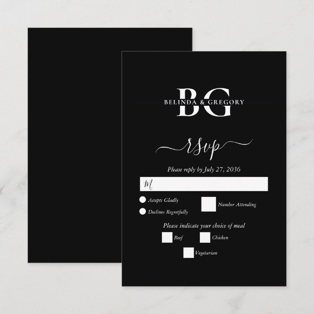 Cartons Réponse Élégant Noir et Blanc Monogramme Initiales Mariage (Devant / Derrière)