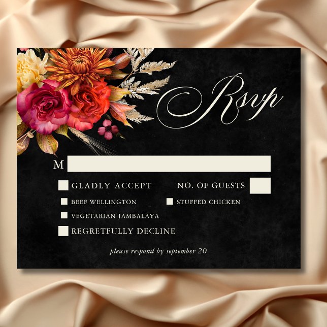 Cartons Réponse Élégant noir Vibrant Boho Floral Script Mariage (Elegant Black Vibrant Boho Floral Script Wedding Response Card with Dinner Choices)