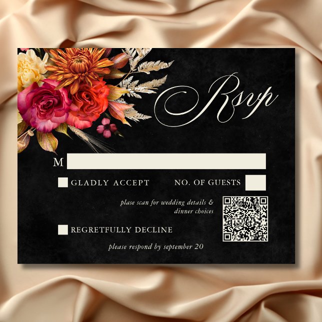 Cartons Réponse Élégant noir Vibrant Boho Floral Script Mariage (Elegant Black Vibrant Boho Floral Script Wedding RSVP Card)