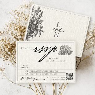Cartons Réponse Elégant noir Vintage Floral noir & Mariage Ecru