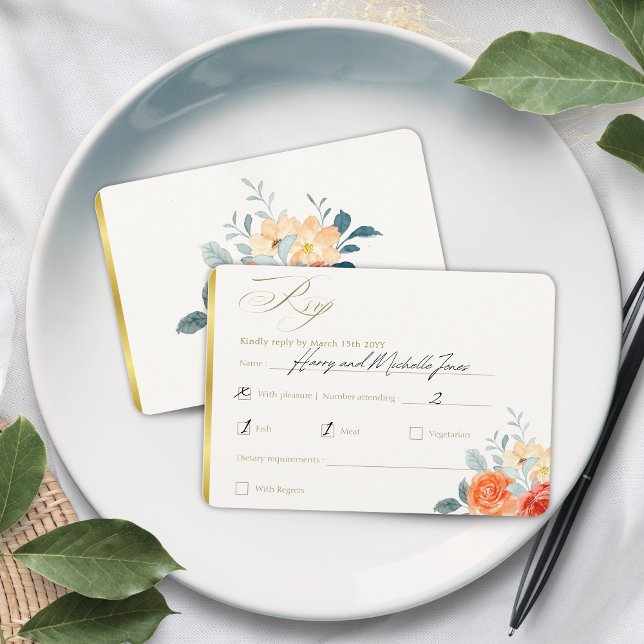 Cartons Réponse Élégant or Blush Floral Script Mariage (Créateur téléchargé)