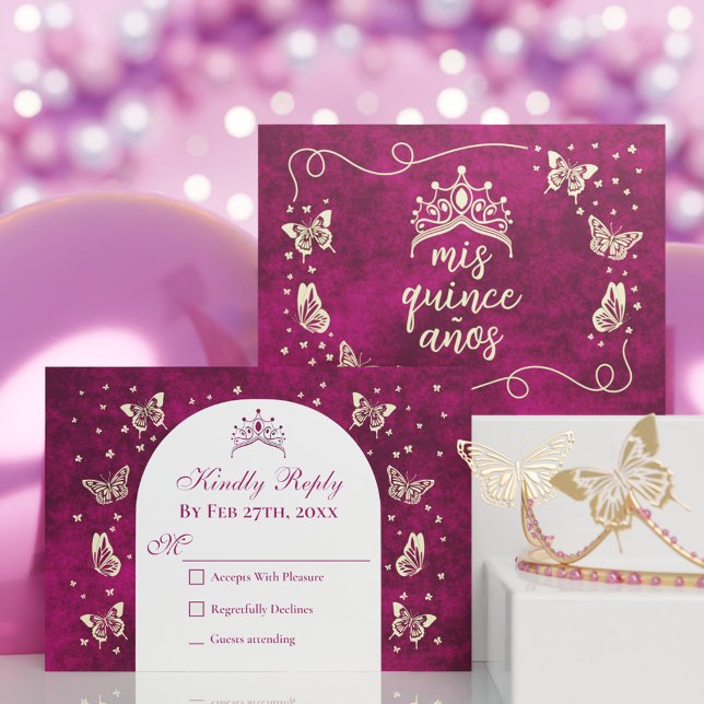 Cartons Réponse Élégant Papillons Tiara Rose Or Quinceañera (Elegant Pink Gold Tiara Butterflies Quinceañera RSVP Card)