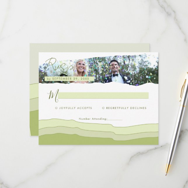 Cartons Réponse Elégant Pastel Green Photo Custom Wedding Moderne (Devant/Arrière en situation)