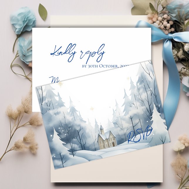 Cartons Réponse Elégant paysage neigeux Hiver Mariage tendance (Elegant Snowy Landscape Winter Trendy Wedding RSVP Card)