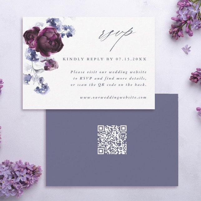Cartons Réponse Élégant Plum violet & Indigo bleu Floral QR Code (Front & Back)