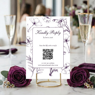 Cartons Réponse Elegant PlumPurple Floral Line Art QR Code Wedding