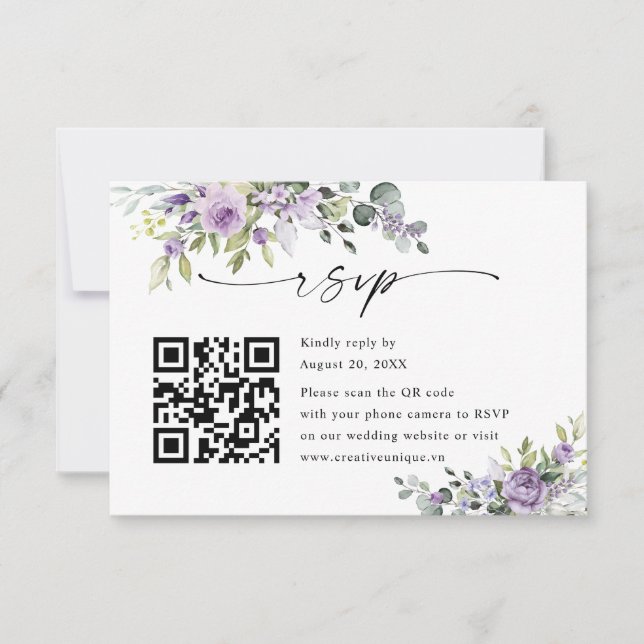 Cartons Réponse Elegant Purple Floral Wedding Website QR Code (Devant)