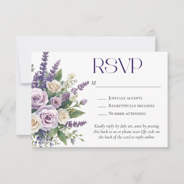 Cartons Réponse Elegant Purple Lavender Roses Wedding QR Code (Devant)