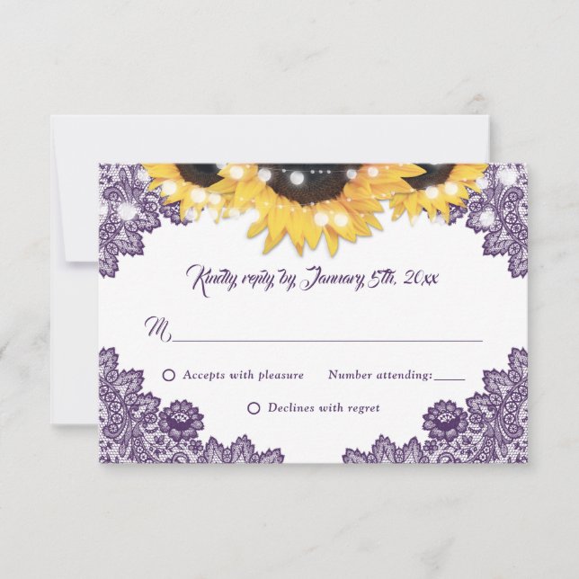 Cartons Réponse Elegant Purple Sunflower Floral Lace Wedding (Devant)
