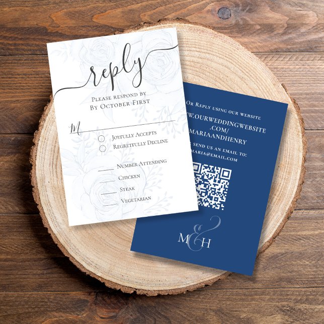 Cartons Réponse Élégant QR Code Blue Floral Classic Meal Choice (Classic RSVP card with elegant blue floral design with classic meal choice )