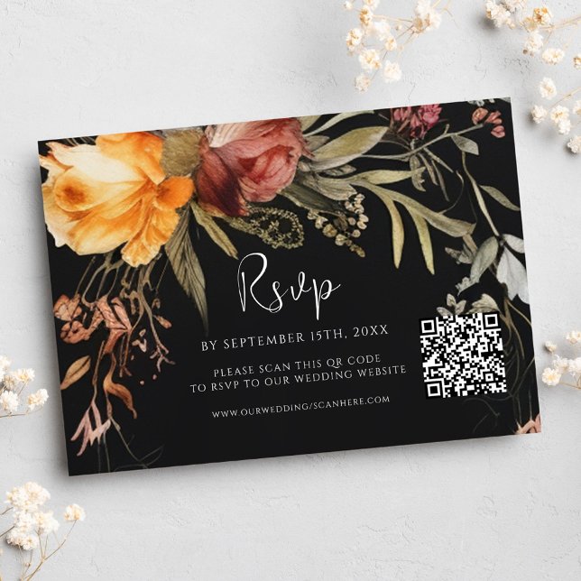 Cartons Réponse Élégant QR Code Floral Black Mariage (Elegant QR Code Floral Black Wedding RSVP Card)