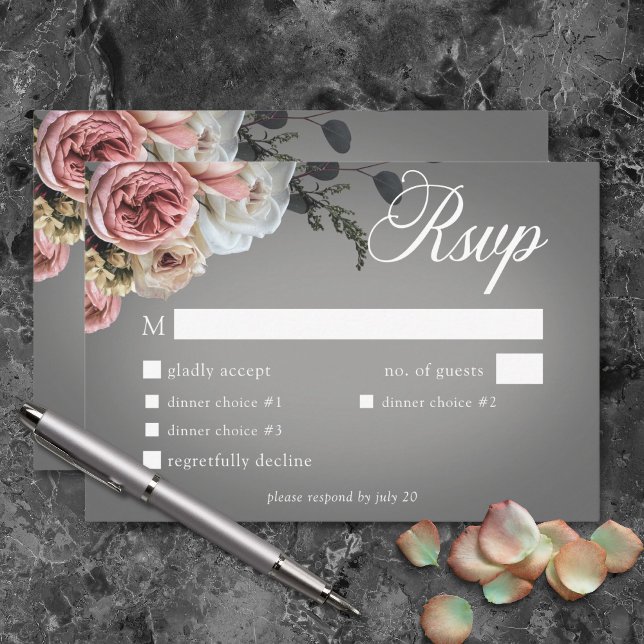 Cartons Réponse Élégant Rose Blanc Floral Rose Gris Mariage Dîner (Elegant Pink White Floral Rose Gray Wedding Dinner RSVP Card)