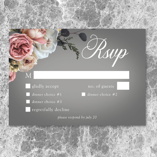 Cartons Réponse Élégant Rose Blanc Floral Rose Gris Mariage Dîner (Elegant Pink White Floral Rose Gray Wedding Dinner RSVP Card)