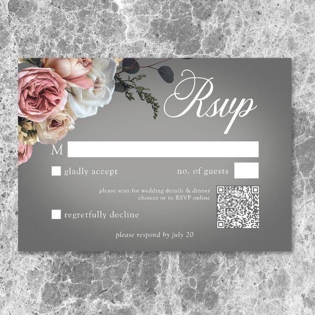 Cartons Réponse Élégant rose blanc Rose gris Mariage QR (Elegant Pink White Floral Rose Gray Wedding QR Code RSVP Card)